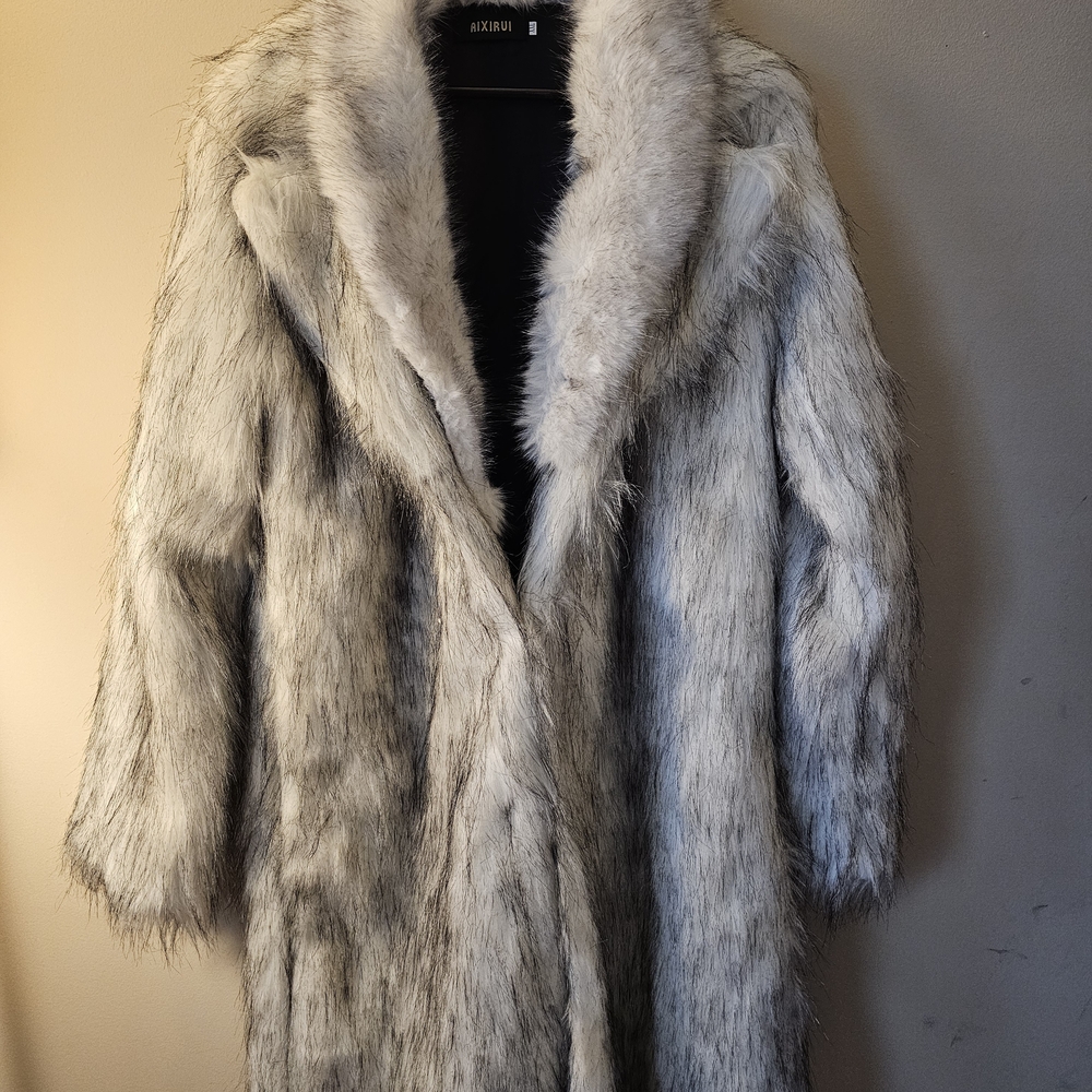 Faux Fur Long Coat in Light Gray